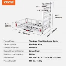 VEVOR Portaequipajes de enganche de 50 x 29,5 x 8,7 pulgadas, cesta de carga montada en enganche de remolque de capacidad de 500 libras, portaequipajes de aluminio con rampa plegable, se adapta al receptor de enganche de 2 pulgadas para camioneta SUV, camioneta, camping