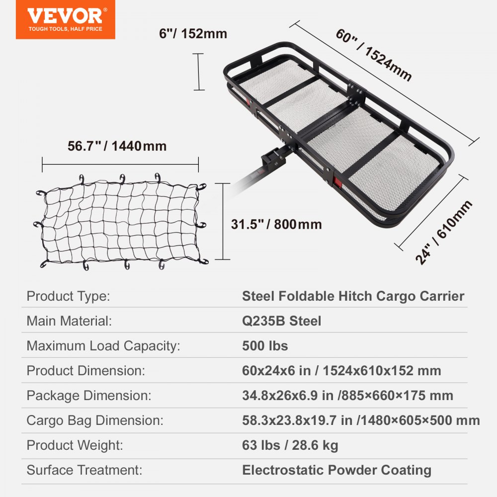 VEVOR Portaequipajes de enganche, cesta de carga de acero montada en enganche de remolque plegable de 60 x 24 x 6 pulgadas, portaequipajes de 500 lb con bolsa de carga impermeable y red de carga, apto para receptor de enganche de 2 pulgadas para camioneta SUV