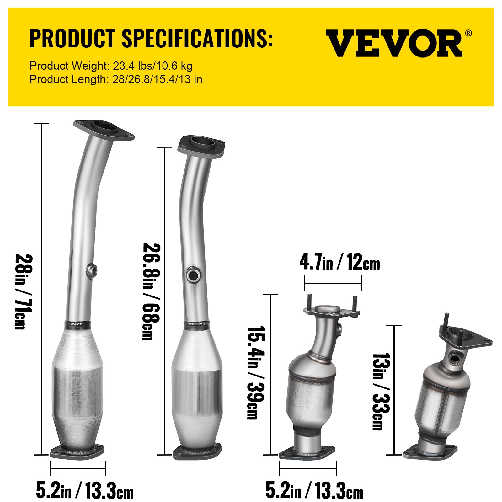 Especificaciones del producto colector de escape VEVOR con longitudes y anchos mostrados.
