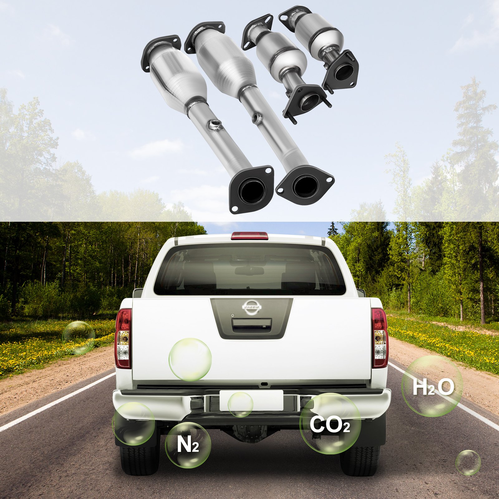 Colector de escape VEVOR para camión Nissan con símbolos de emisiones en entorno natural.