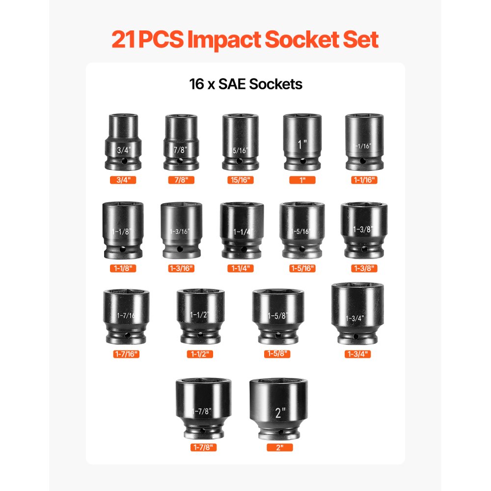 Juego de vasos de impacto VEVOR de 3/4", 21 piezas SAE de 3/4" a 2", 6 puntas de acero de aleación Cr-V para reparación de automóviles, marcas de tamaño fáciles de leer, incluye barras de extensión, mango de trinquete y estuche.
