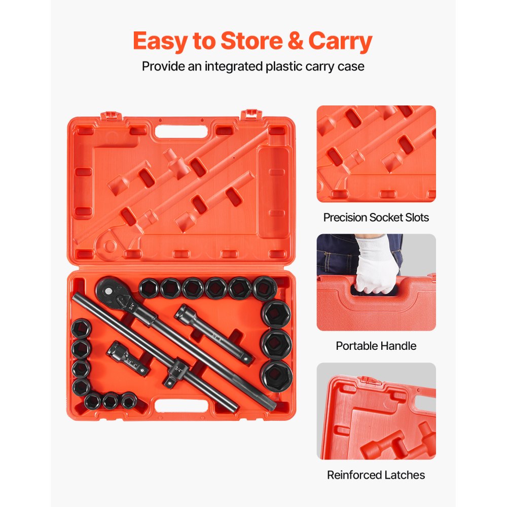 Juego de vasos de impacto VEVOR de 3/4", 21 piezas SAE de 3/4" a 2", 6 puntas de acero de aleación Cr-V para reparación de automóviles, marcas de tamaño fáciles de leer, incluye barras de extensión, mango de trinquete y estuche.