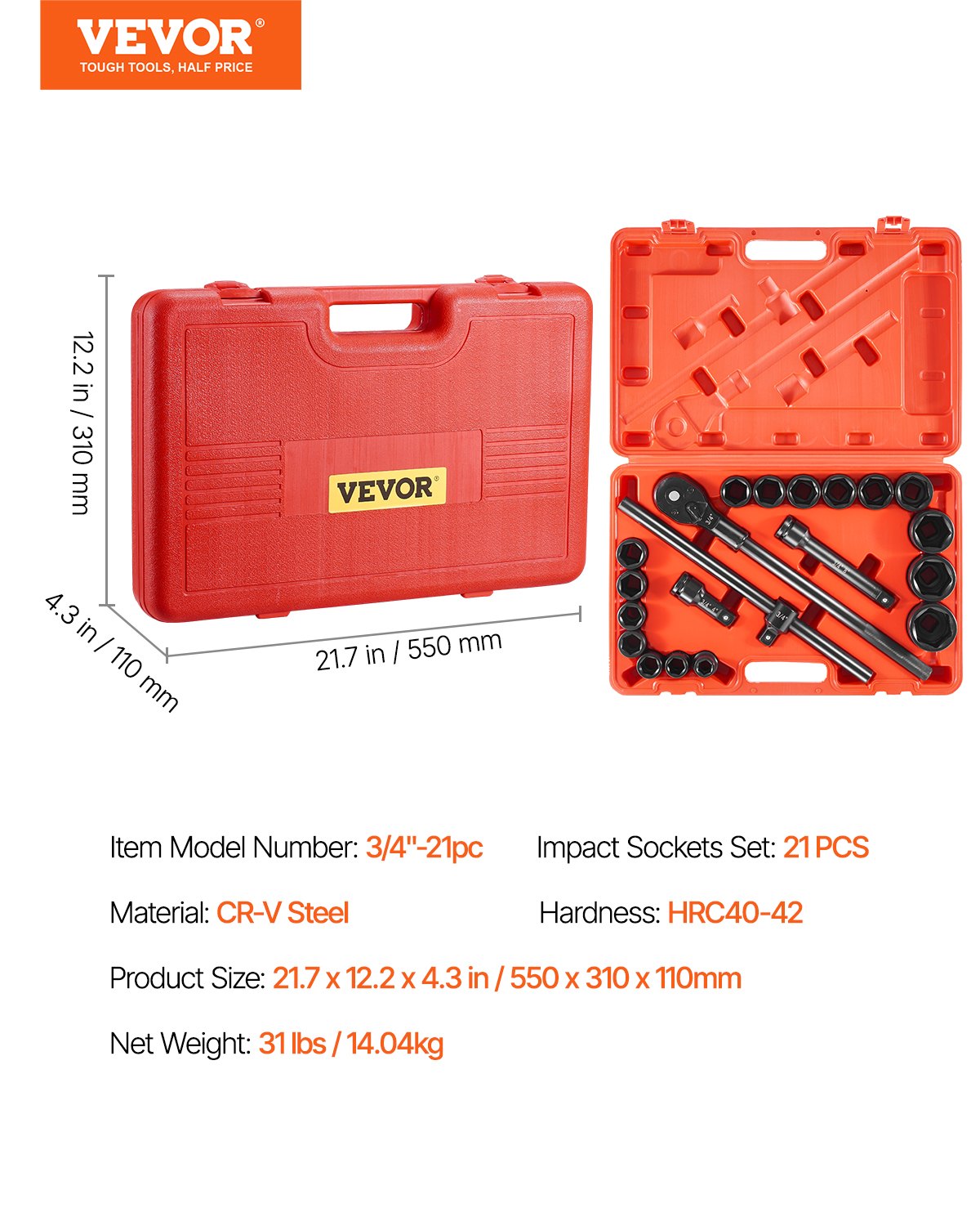 Juego de vasos de impacto VEVOR de 3/4", 21 piezas SAE de 3/4" a 2", 6 puntas de acero de aleación Cr-V para reparación de automóviles, marcas de tamaño fáciles de leer, incluye barras de extensión, mango de trinquete y estuche.