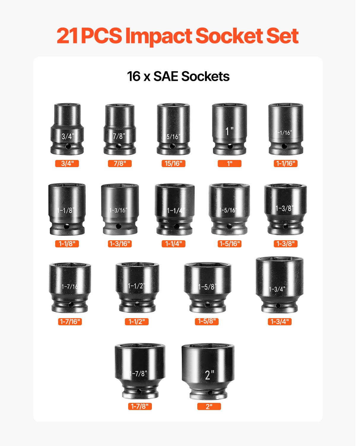 Juego de vasos de impacto VEVOR de 3/4", 21 piezas SAE de 3/4" a 2", 6 puntas de acero de aleación Cr-V para reparación de automóviles, marcas de tamaño fáciles de leer, incluye barras de extensión, mango de trinquete y estuche.