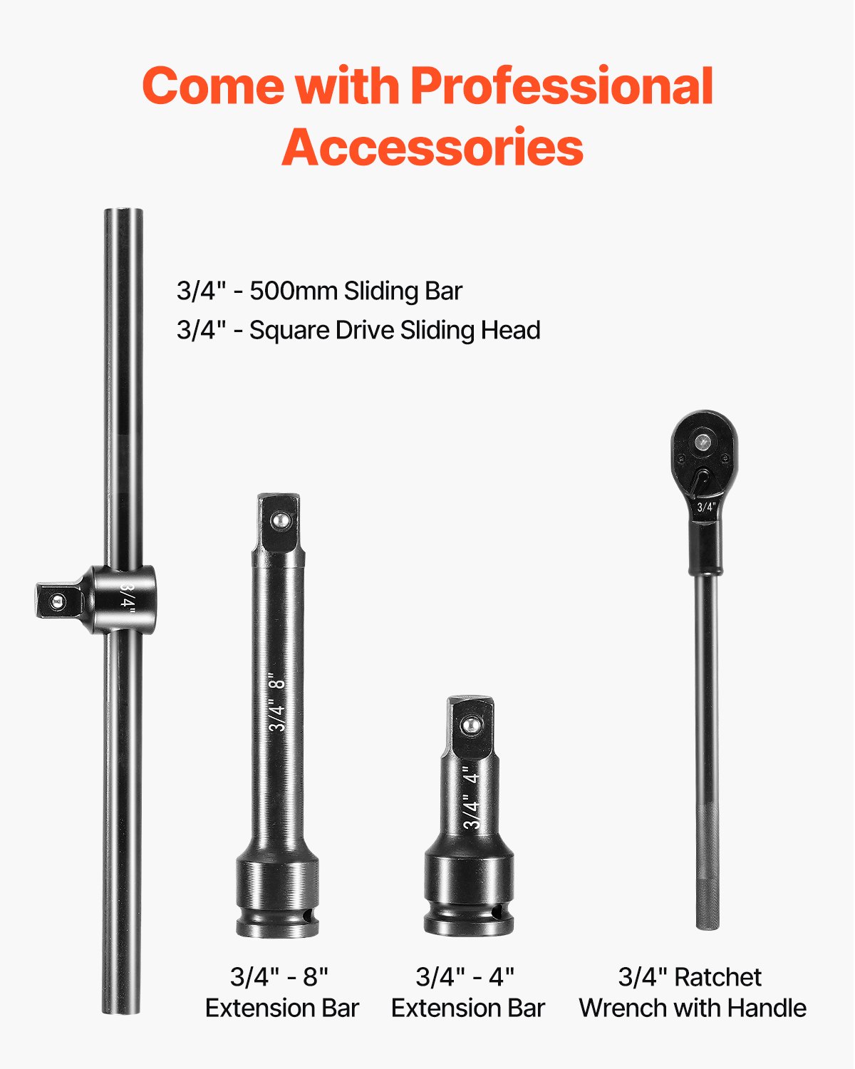 Juego de vasos de impacto VEVOR de 3/4", 21 piezas SAE de 3/4" a 2", 6 puntas de acero de aleación Cr-V para reparación de automóviles, marcas de tamaño fáciles de leer, incluye barras de extensión, mango de trinquete y estuche.