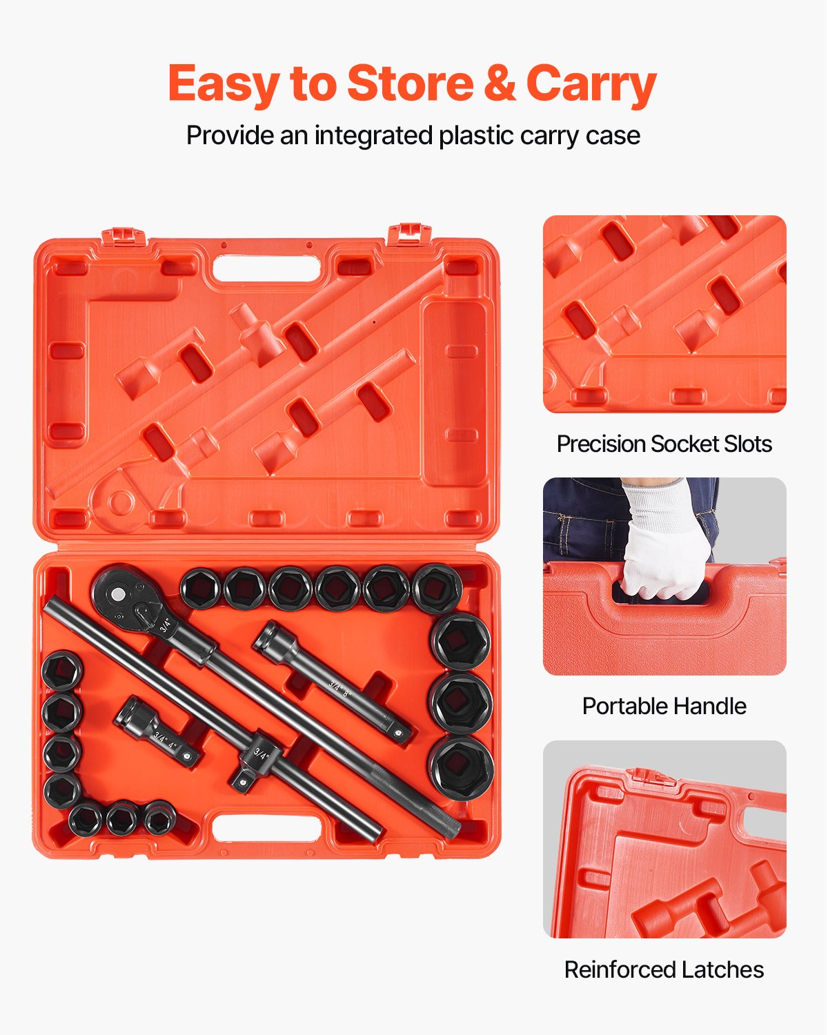 Juego de vasos de impacto VEVOR de 3/4", 21 piezas SAE de 3/4" a 2", 6 puntas de acero de aleación Cr-V para reparación de automóviles, marcas de tamaño fáciles de leer, incluye barras de extensión, mango de trinquete y estuche.
