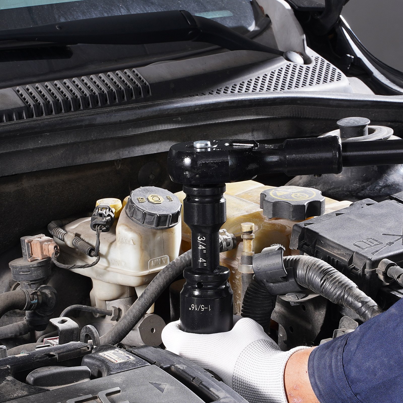 Juego de vasos de impacto VEVOR de 3/4", 21 piezas SAE de 3/4" a 2", 6 puntas de acero de aleación Cr-V para reparación de automóviles, marcas de tamaño fáciles de leer, incluye barras de extensión, mango de trinquete y estuche.
