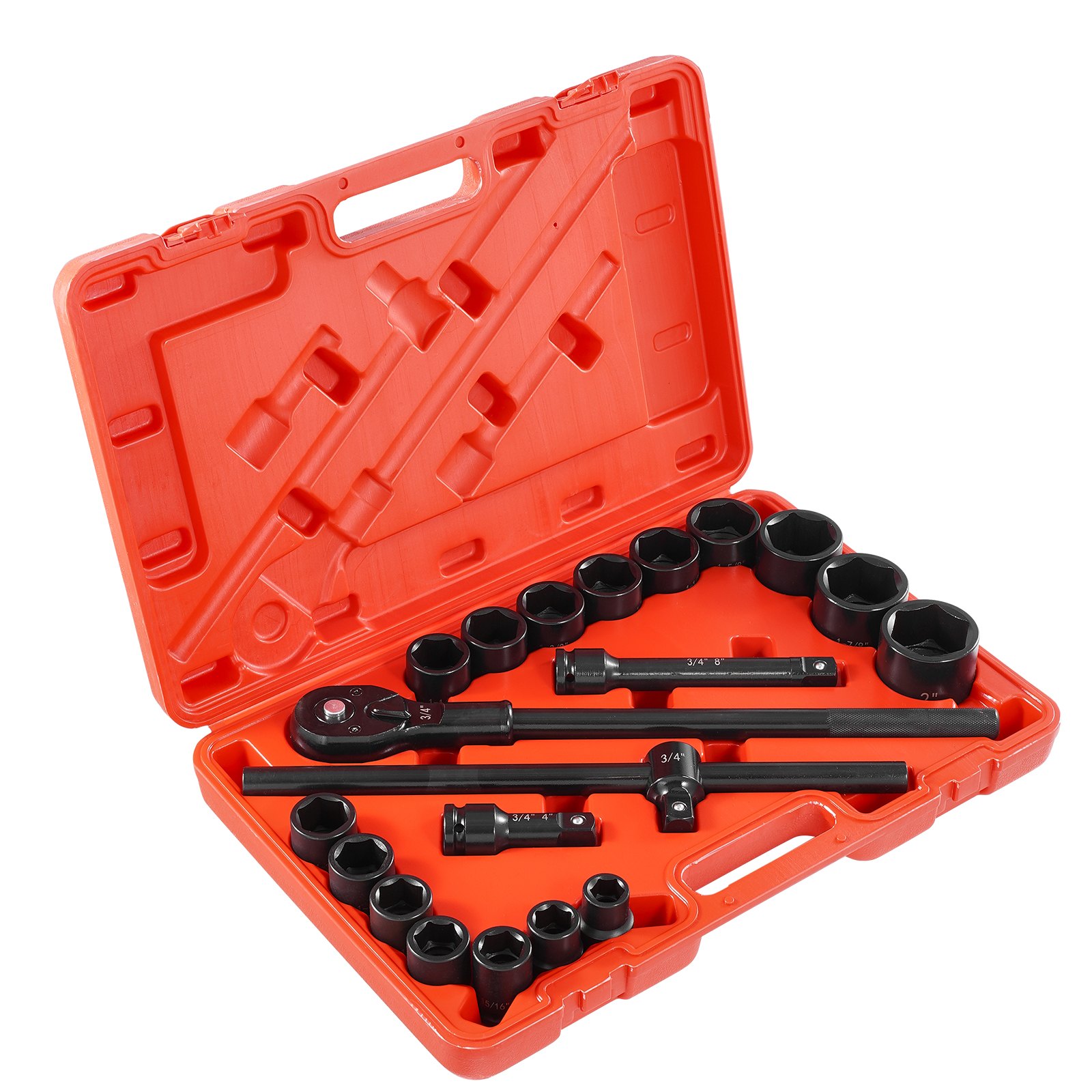 Juego de vasos de impacto VEVOR de 3/4", 21 piezas SAE de 3/4" a 2", 6 puntas de acero de aleación Cr-V para reparación de automóviles, marcas de tamaño fáciles de leer, incluye barras de extensión, mango de trinquete y estuche.