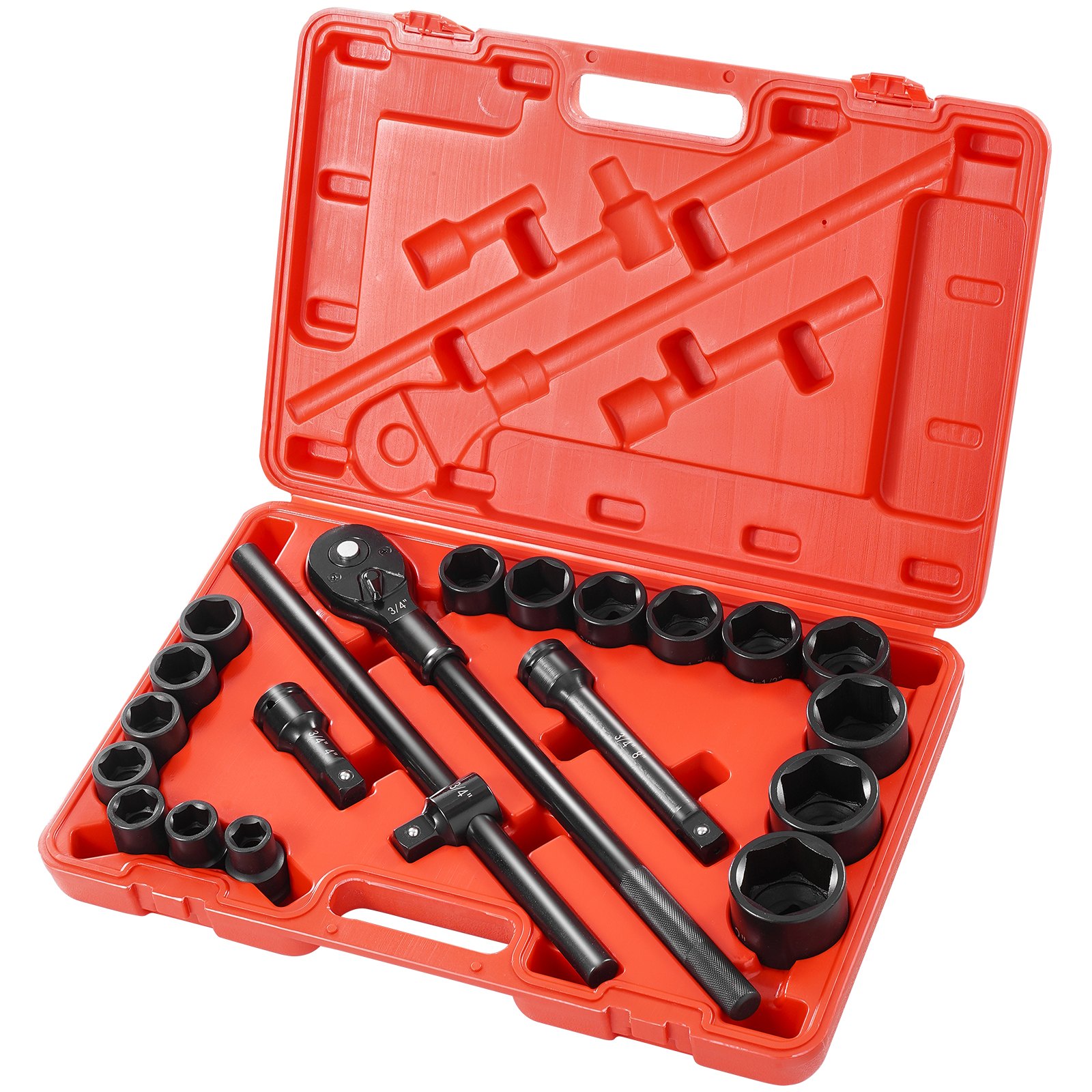 Juego de vasos de impacto VEVOR de 3/4", 21 piezas SAE de 3/4" a 2", 6 puntas de acero de aleación Cr-V para reparación de automóviles, marcas de tamaño fáciles de leer, incluye barras de extensión, mango de trinquete y estuche.
