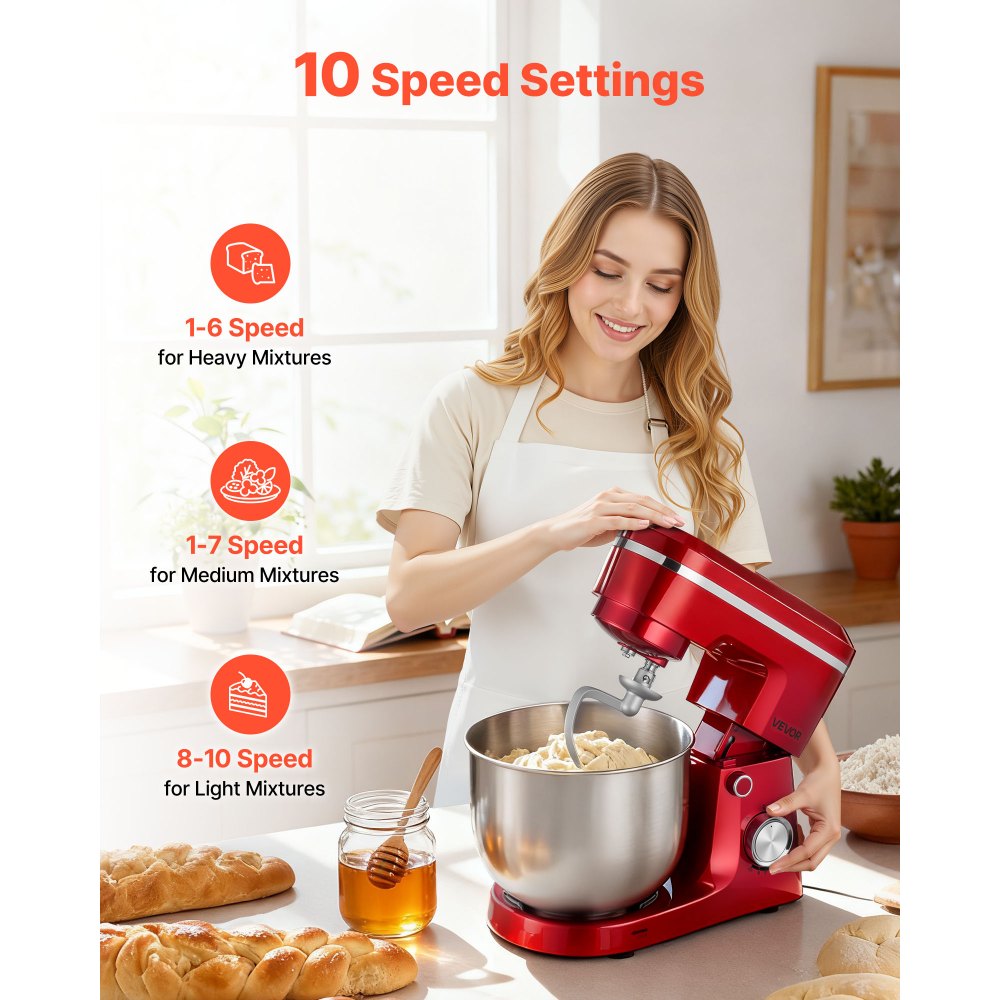 VEVOR Batidora Ajustable de Pie, Procesador de Alimentos de 1500 W para Repostería, con Bol de Acero Inoxidable, 5,7 L, Gancho para Amasar, Batidor y Varillas, 10 Velocidades, 375 x 241 x 292 mm