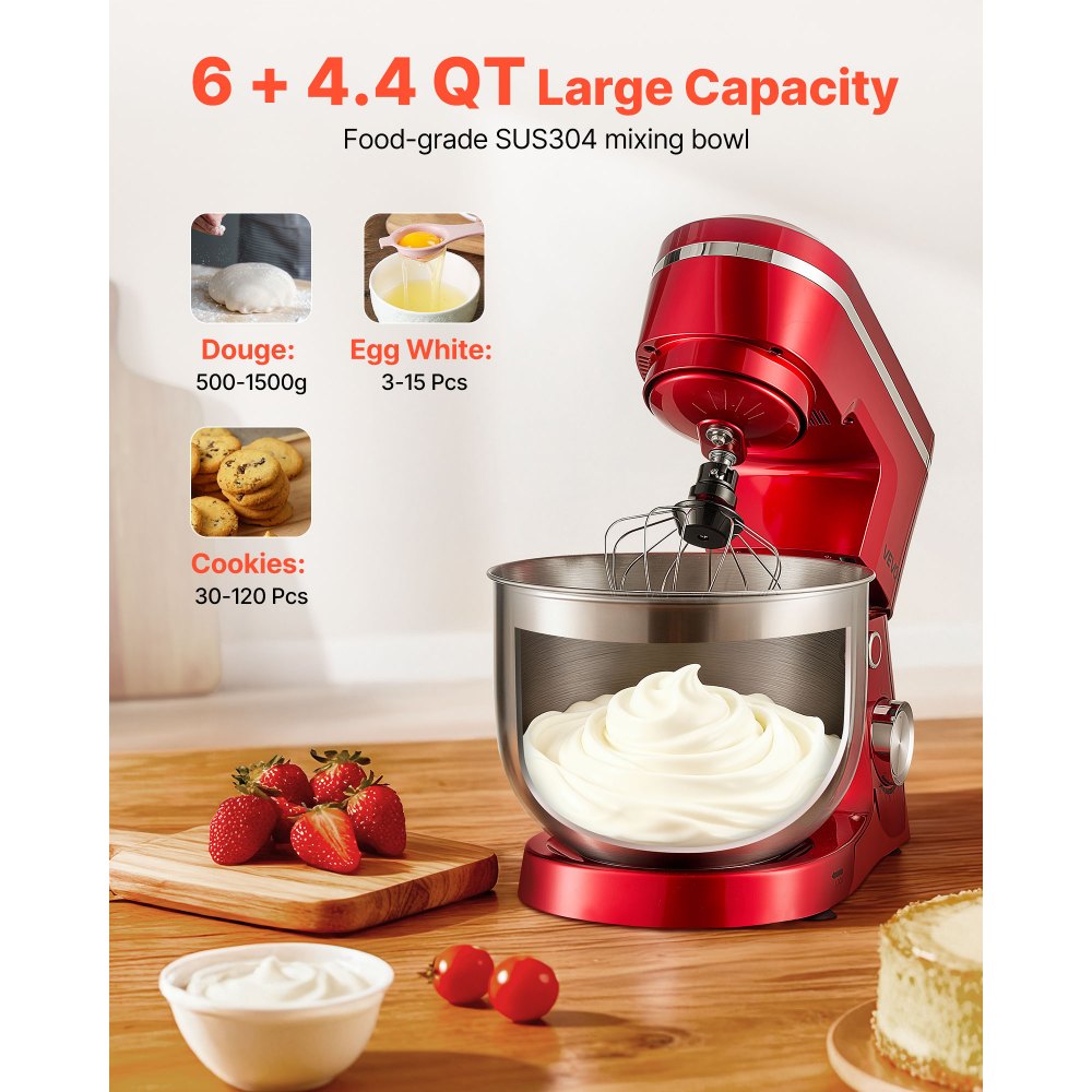 VEVOR Batidora Ajustable de Pie, Procesador de Alimentos de 1500 W para Repostería, con Bol de Acero Inoxidable, 5,7 L, Gancho para Amasar, Batidor y Varillas, 10 Velocidades, 375 x 241 x 292 mm