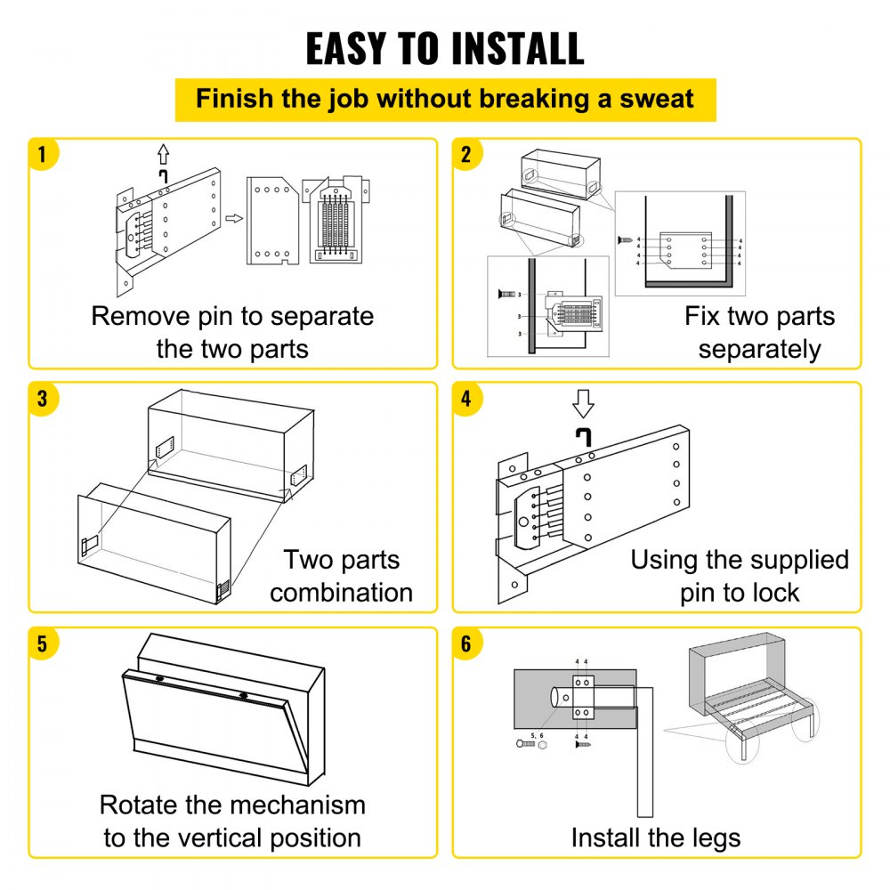 Las instrucciones de bricolaje muestran seis pasos para ensamblar fácilmente el kit de cama plegable VEVOR.