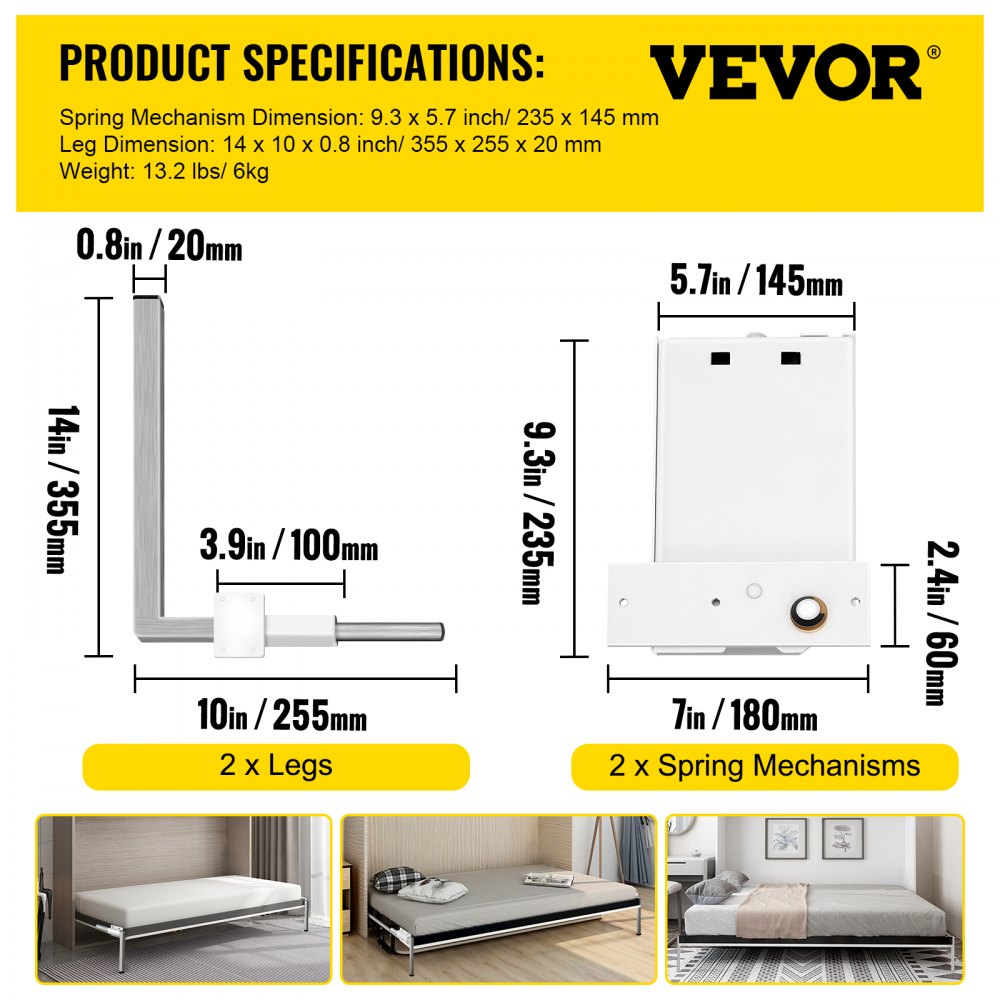 Dimensiones y componentes del kit de cama plegable VEVOR con imágenes de camas ensambladas.