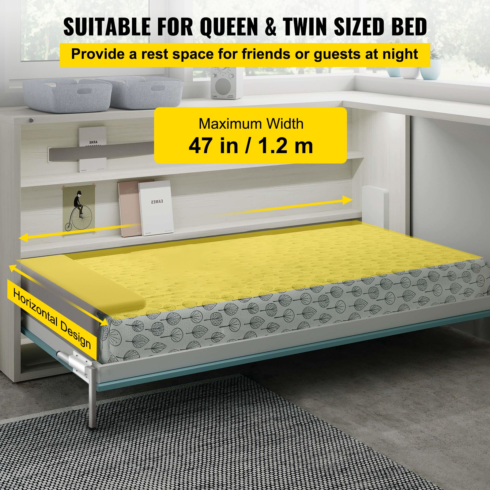 Kit de cama plegable horizontal VEVOR de 47 pulgadas de ancho, adecuado para camas tamaño queen y twin.