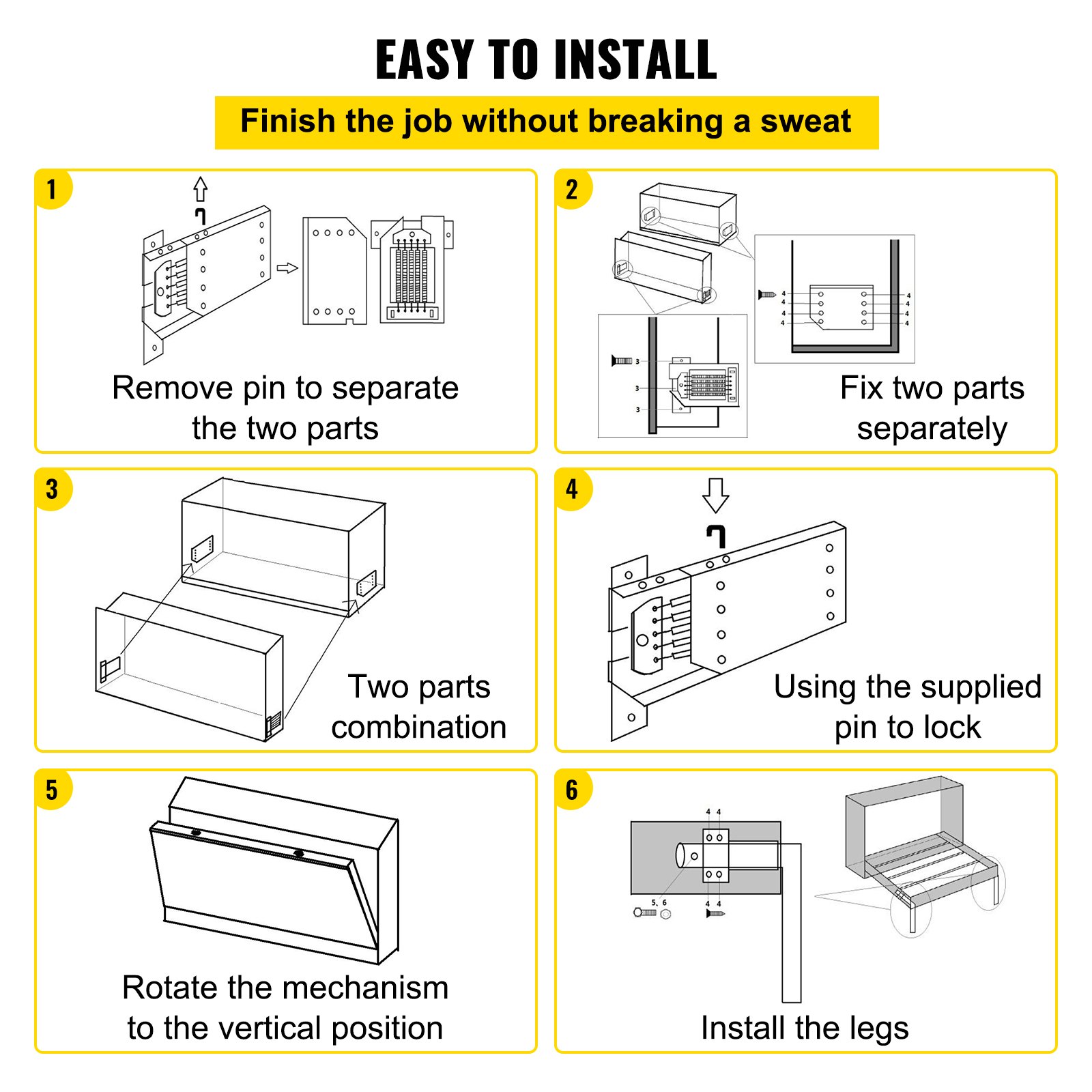 Las instrucciones de bricolaje muestran seis pasos para ensamblar fácilmente el kit de cama plegable VEVOR.