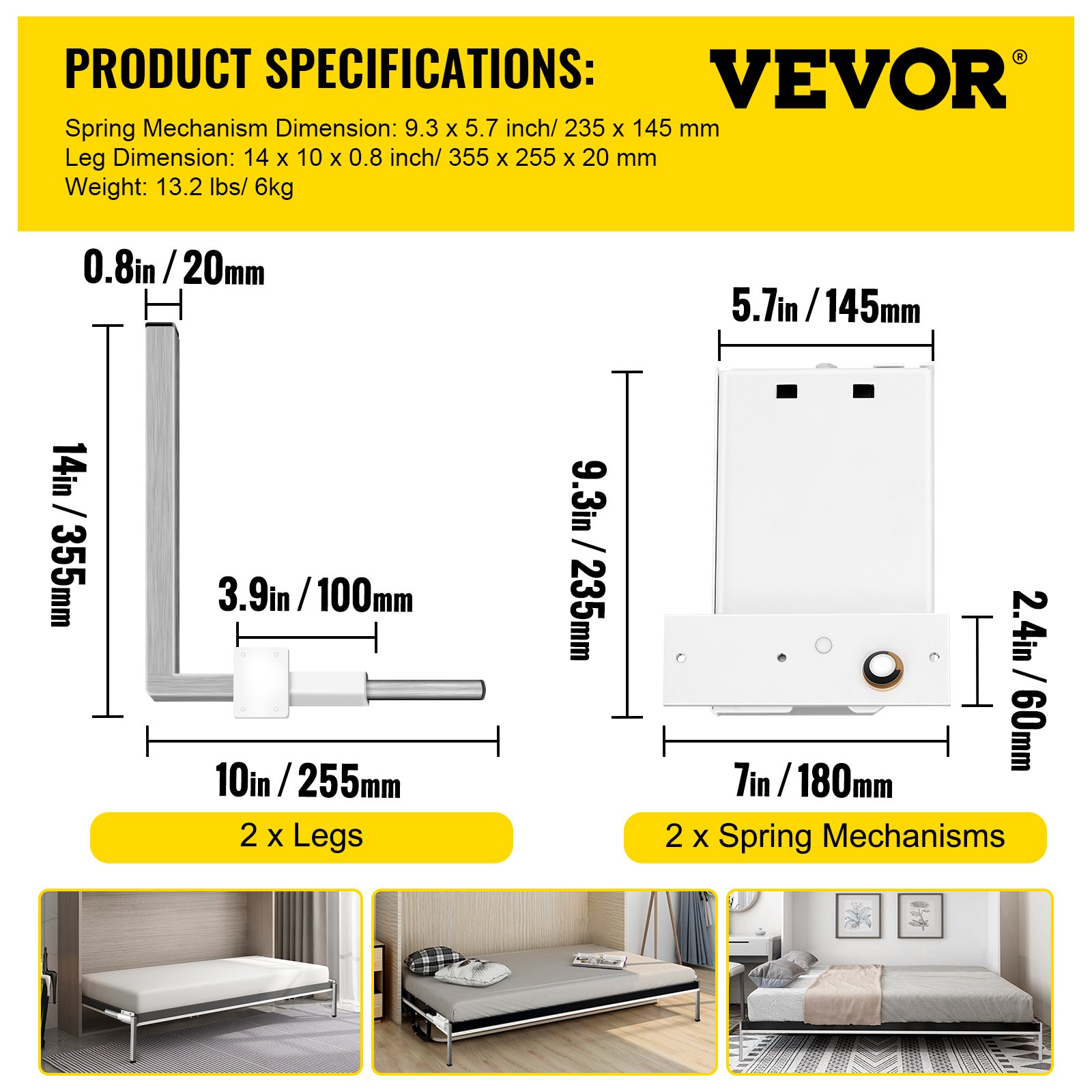 Dimensiones y componentes del kit de cama plegable VEVOR con imágenes de camas ensambladas.