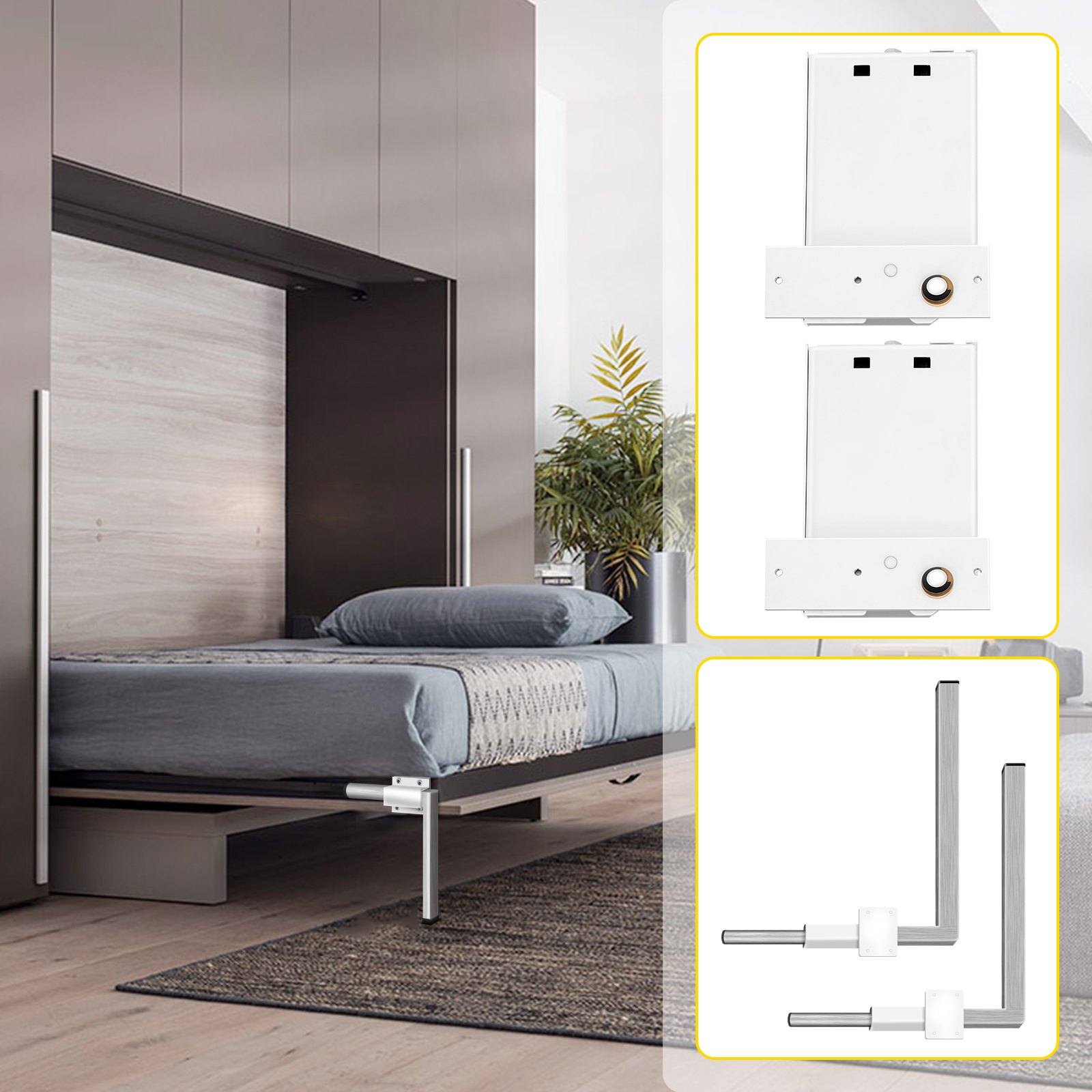 Dormitorio elegante con un kit de cama plegable VEVOR, que exhibe hardware esencial.