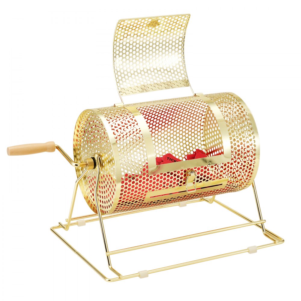 Tambor de rifa VEVOR dorado con mango de madera y boletos rojos en el interior, exhibido en soporte de metal.