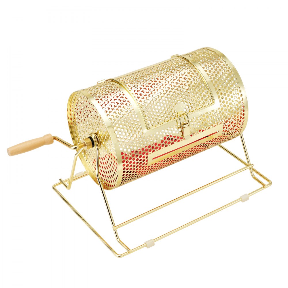 Tambor de rifa VEVOR perforado en oro con mango de madera sobre soporte rectangular.