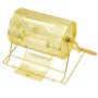 Tambor de rifa VEVOR, metal dorado con mango de madera, diseño perforado, forma cilíndrica sobre soporte.