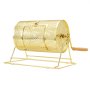Tambor de rifa VEVOR dorado con mango de madera sobre soporte de metal, diseño perforado y pestillo seguro.