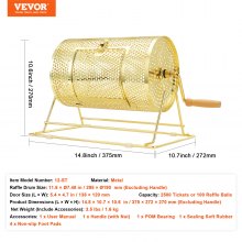 VEVOR Tambor de rifa, Capacidad para 2500 boletos o 100 pelotas de ping pong, Dibujo giratorio de lotería de metal con mango giratorio de madera, Jaula giratoria de boletos de rifa chapada en latón de 11.6 x Ø 7.48 pulgadas, para papeleta de bingo