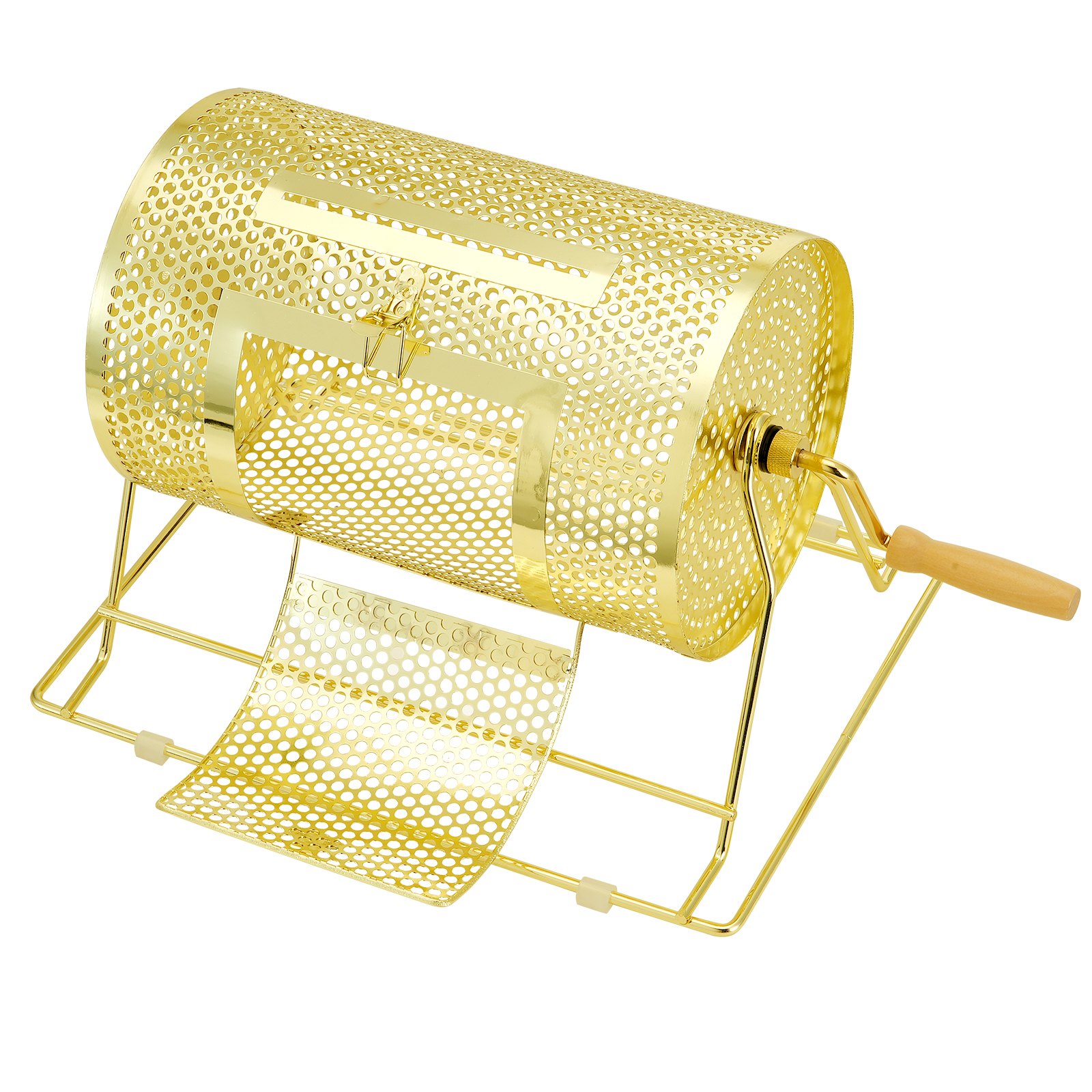 Tambor de rifa VEVOR, metal dorado con mango de madera, diseño perforado, forma cilíndrica sobre soporte.