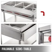VEVOR Calentador de alimentos eléctrico comercial 3 ollas mesa de vapor calentador de alimentos 18 cuartos/sartén con tapas con tabla de cortar de 7 pulgadas mesa de vapor de acero inoxidable de grado alimenticio mostrador de servir 110 V 1500 W para restaurante