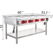 VEVOR Calentador de alimentos de mesa de vapor 4 ollas Calentador de alimentos de mesa de vapor 18 cuartos/sartén con tapas con tabla de cortar de 7 pulgadas Calentador de alimentos eléctrico comercial Bain Marie Buffet Mostrador de servicio de vapor 110 V 2000 W