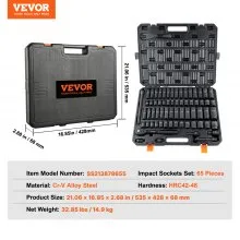 VEVOR Juego de llaves de vaso de impacto con accionamiento de 1/2", juego de llaves de vaso de 65 piezas SAE de 3/8" a 1-1/4" y métrico de 10 a 24 mm, acero de aleación Cr-V de 6 puntos para reparación de automóviles, construcción robusta, fácil de usar Leer marcas de tamaño, estuche de almacenamiento