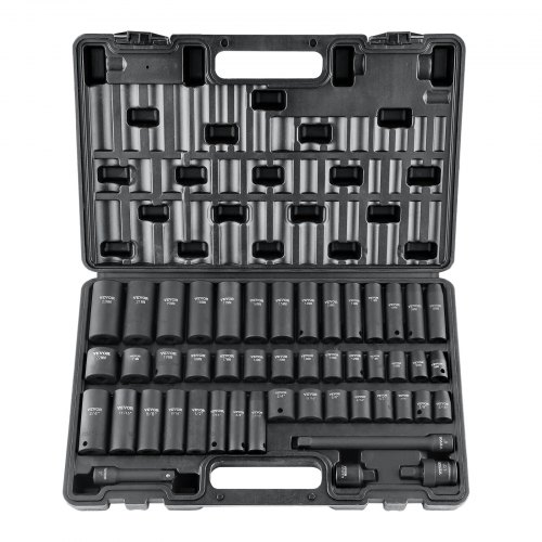 Juego de llaves de impacto VEVOR de 3/8", juego de 48 piezas SAE (5/16" - 3/4") y métricas (8-22 mm), barra de extensión de 6 puntas con accionamiento Cr-V, junta universal y adaptador para taladro eléctrico. Incluye estuche de almacenamiento.