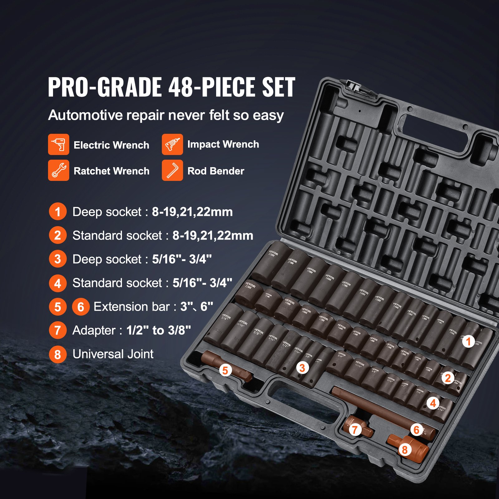 Juego de vasos de impacto VEVOR de 48 piezas de calidad profesional en un estuche negro, ideal para llaves eléctricas y de trinquete.