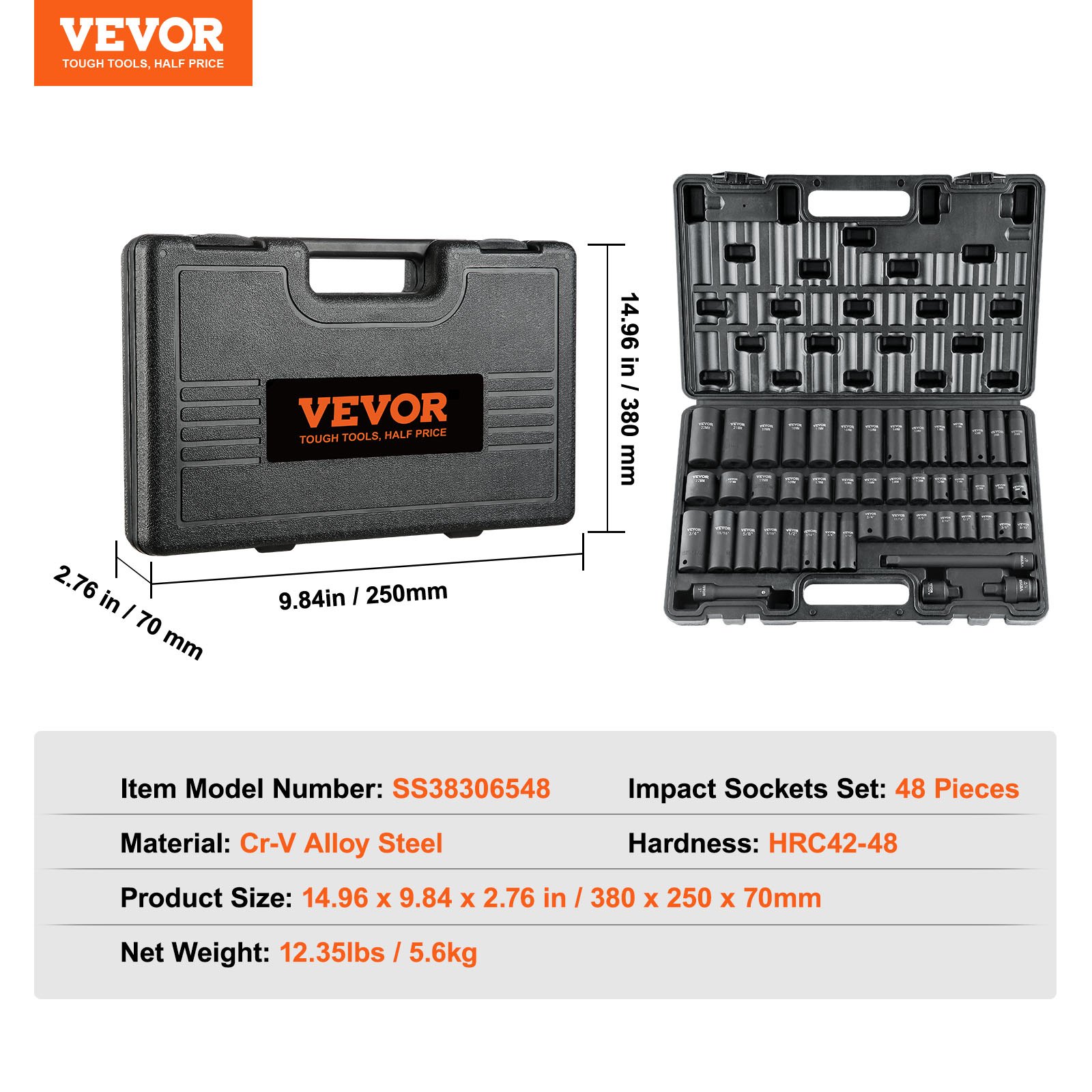 Juego de vasos de impacto VEVOR con 48 piezas en un estuche de transporte negro, dimensiones y especificaciones mostradas.