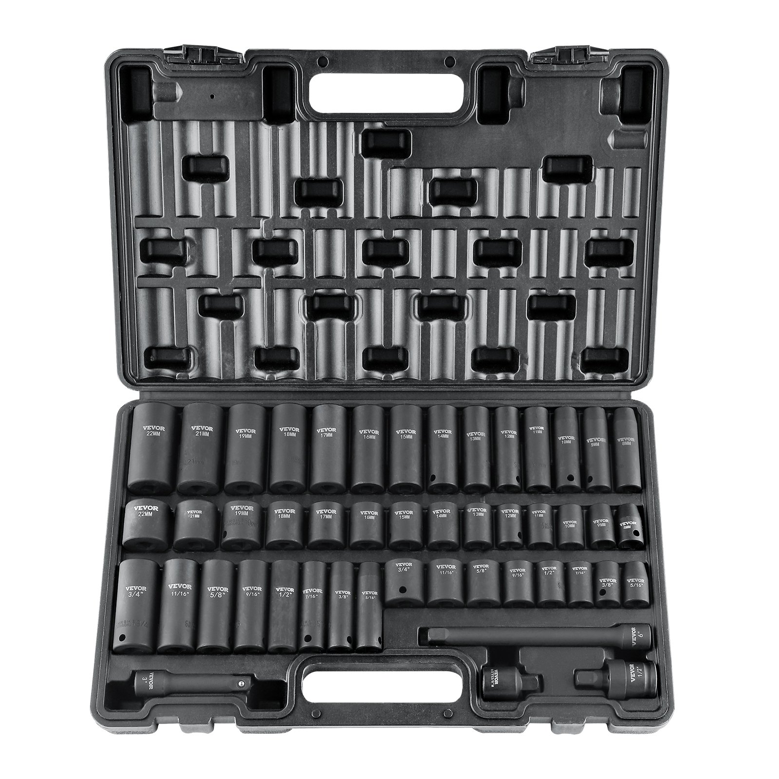Juego de llaves de impacto VEVOR de 3/8", juego de 48 piezas SAE (5/16" - 3/4") y métricas (8-22 mm), barra de extensión de 6 puntas con accionamiento Cr-V, junta universal y adaptador para taladro eléctrico. Incluye estuche de almacenamiento.