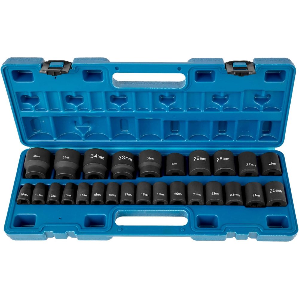 Juego de vasos de impacto VEVOR en estuche azul que muestra varios tamaños desde 10 mm a 36 mm.