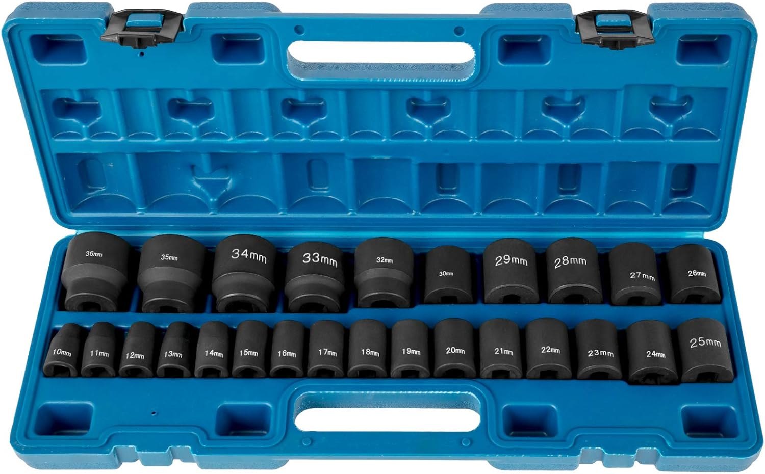 Juego de vasos de impacto VEVOR en estuche azul que muestra varios tamaños desde 10 mm a 36 mm.