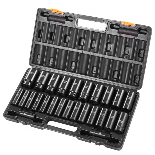 Juego de vasos de impacto VEVOR, 26 vasos de impacto de 1/2", vasos profundos, vasos de 6 puntas, juego de vasos de impacto métricos de 1/2 pulgada de 10 mm a 36 mm, construcción robusta de Cr-V, con jaula de almacenamiento.
