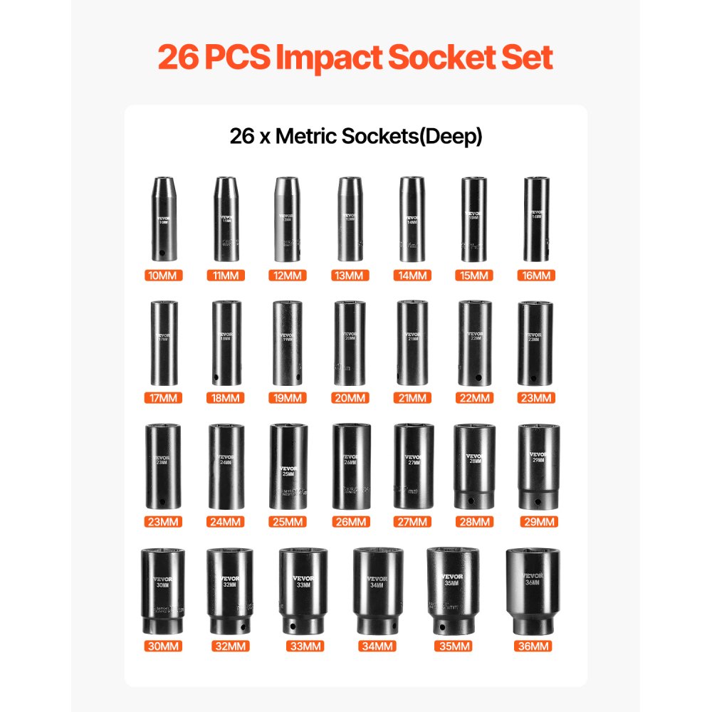 Juego de vasos de impacto VEVOR, 26 vasos de impacto de 1/2", vasos profundos, vasos de 6 puntas, juego de vasos de impacto métricos de 1/2 pulgada de 10 mm a 36 mm, construcción robusta de Cr-V, con jaula de almacenamiento.