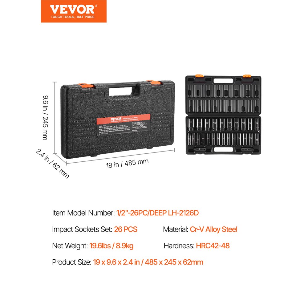 Juego de vasos de impacto VEVOR, 26 vasos de impacto de 1/2", vasos profundos, vasos de 6 puntas, juego de vasos de impacto métricos de 1/2 pulgada de 10 mm a 36 mm, construcción robusta de Cr-V, con jaula de almacenamiento.