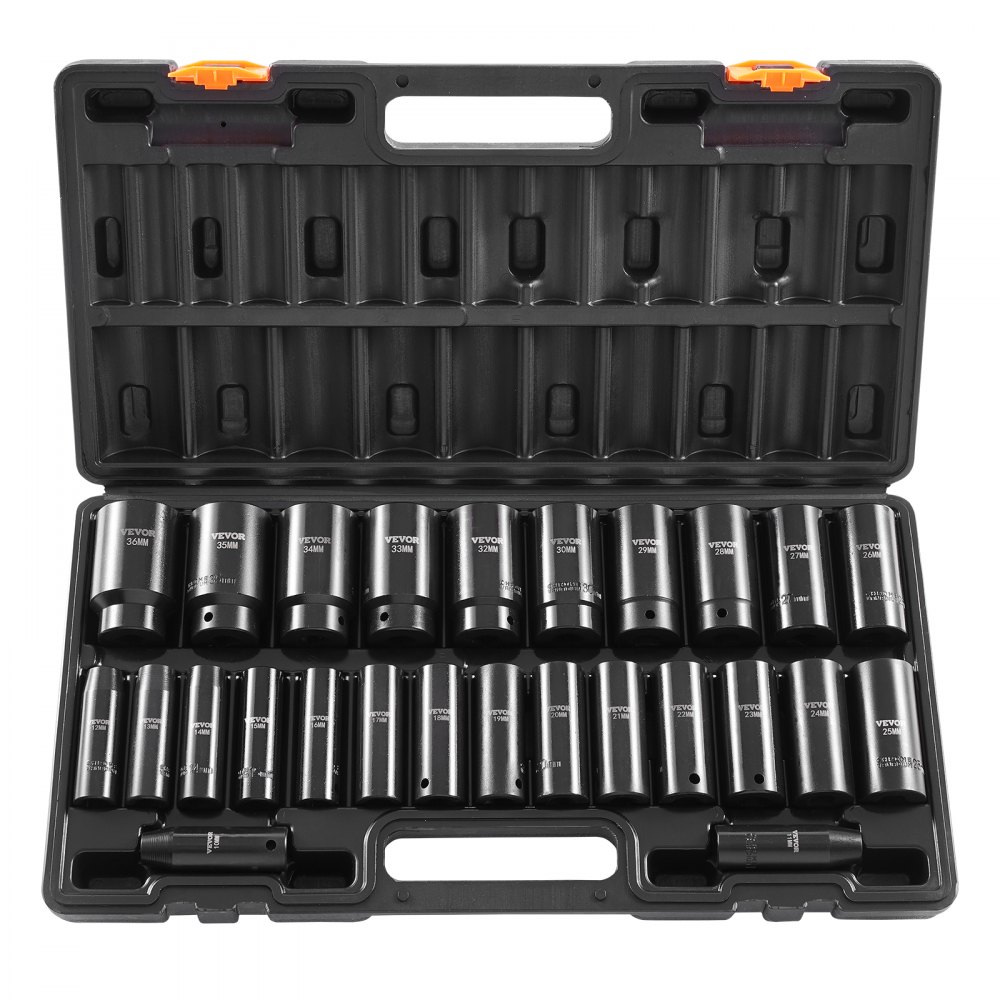 Juego de vasos de impacto VEVOR, 26 vasos de impacto de 1/2", vasos profundos, vasos de 6 puntas, juego de vasos de impacto métricos de 1/2 pulgada de 10 mm a 36 mm, construcción robusta de Cr-V, con jaula de almacenamiento.