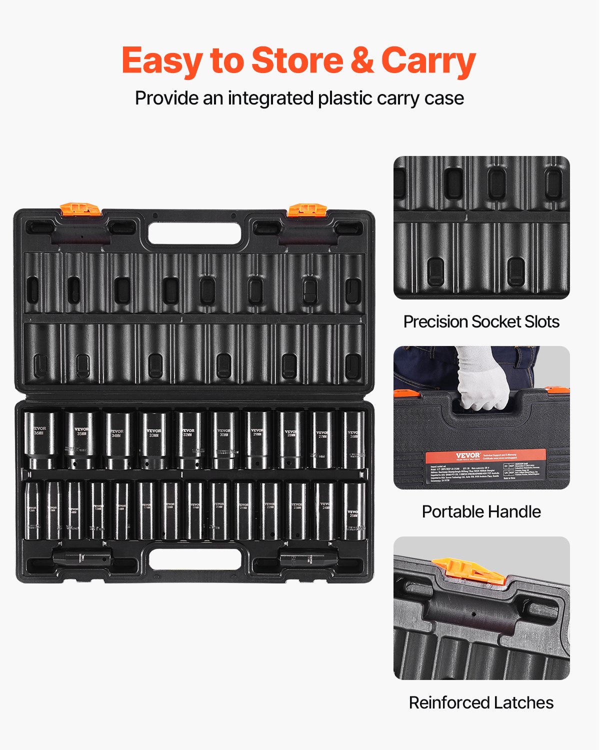 Juego de vasos de impacto VEVOR, 26 vasos de impacto de 1/2", vasos profundos, vasos de 6 puntas, juego de vasos de impacto métricos de 1/2 pulgada de 10 mm a 36 mm, construcción robusta de Cr-V, con jaula de almacenamiento.