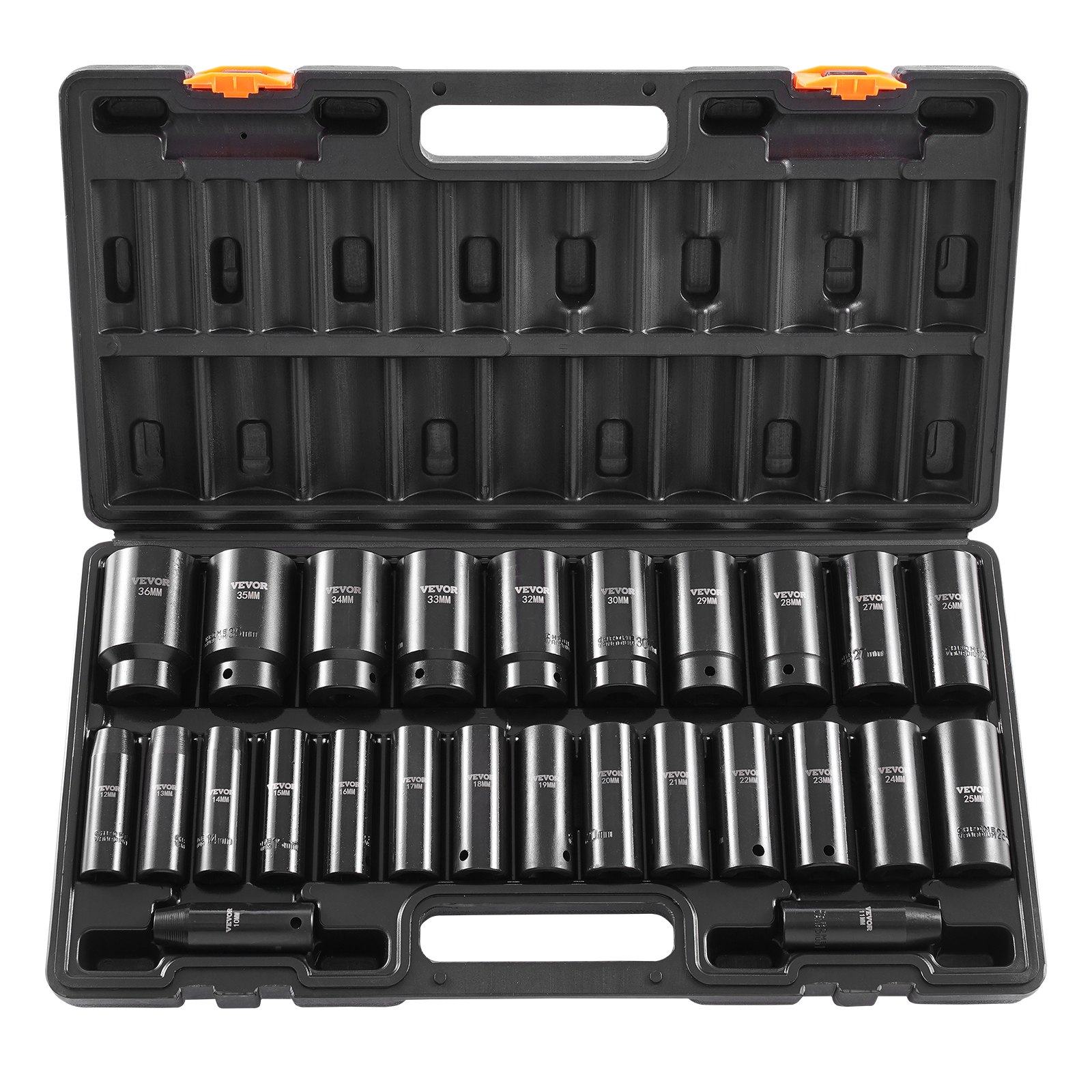 Juego de vasos de impacto VEVOR, 26 vasos de impacto de 1/2", vasos profundos, vasos de 6 puntas, juego de vasos de impacto métricos de 1/2 pulgada de 10 mm a 36 mm, construcción robusta de Cr-V, con jaula de almacenamiento.