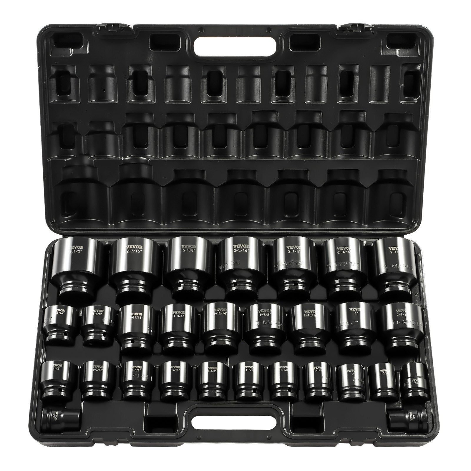 Juego de vasos de impacto VEVOR de 3/4 pulgadas, 29 piezas, vasos de impacto de 6 puntas, construcción robusta, CR-M0, juego de vasos de impacto SAE de 3/4 a 2-1/2 pulgadas, con jaula de almacenamiento.