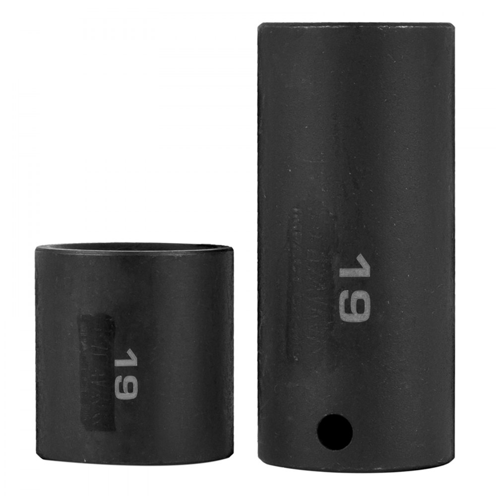 Dos vasos negros de 19 mm del juego de vasos de impacto VEVOR en diferentes longitudes.