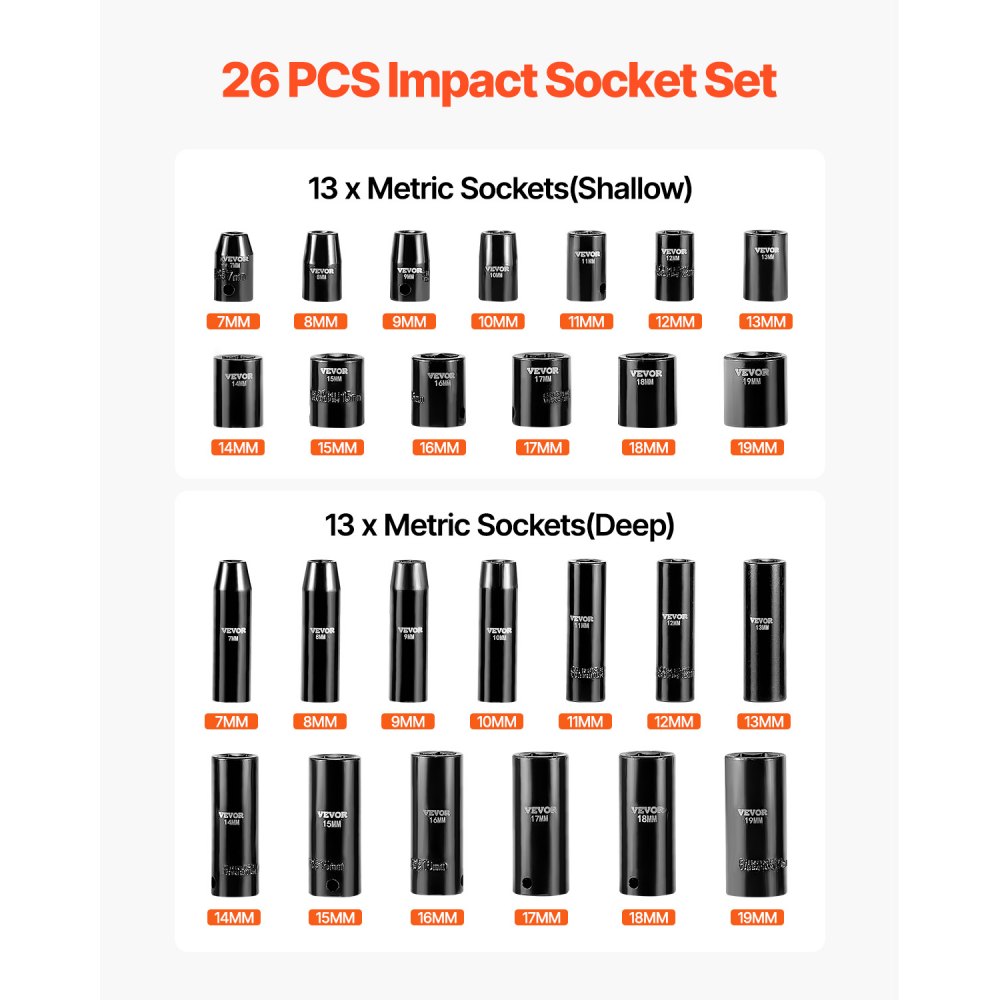 VEVOR Juego de dados de impacto de 3/8 pulgadas, 26 piezas de dados de impacto, dado profundo/estándar, dados de 6 puntos, construcción resistente, juego de dados Cr-V de impacto métrico de 7 mm a 19 mm, con una jaula de almacenamiento