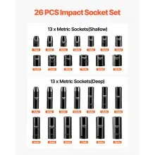 VEVOR Juego de dados de impacto de 3/8 pulgadas, 26 piezas de dados de impacto, dado profundo/estándar, dados de 6 puntos, construcción resistente, juego de dados Cr-V de impacto métrico de 7 mm a 19 mm, con una jaula de almacenamiento