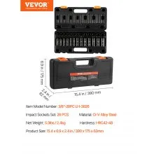 VEVOR Juego de dados de impacto de 3/8 pulgadas, 26 piezas de dados de impacto, dado profundo/estándar, dados de 6 puntos, construcción resistente, juego de dados Cr-V de impacto métrico de 7 mm a 19 mm, con una jaula de almacenamiento