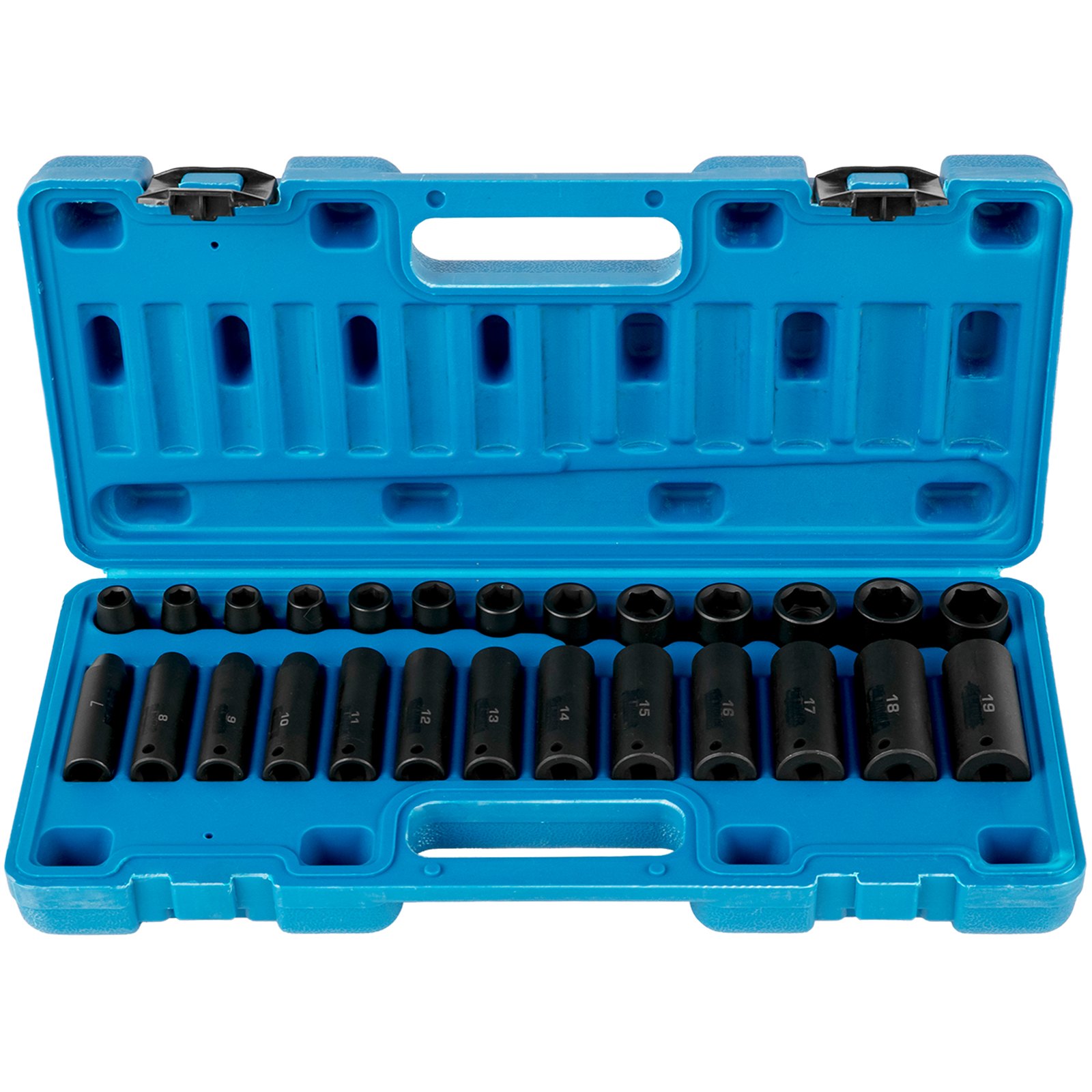 Juego de vasos de impacto en estuche azul; 16 piezas de 8 a 19 mm. Juego de vasos de impacto VEVOR.
