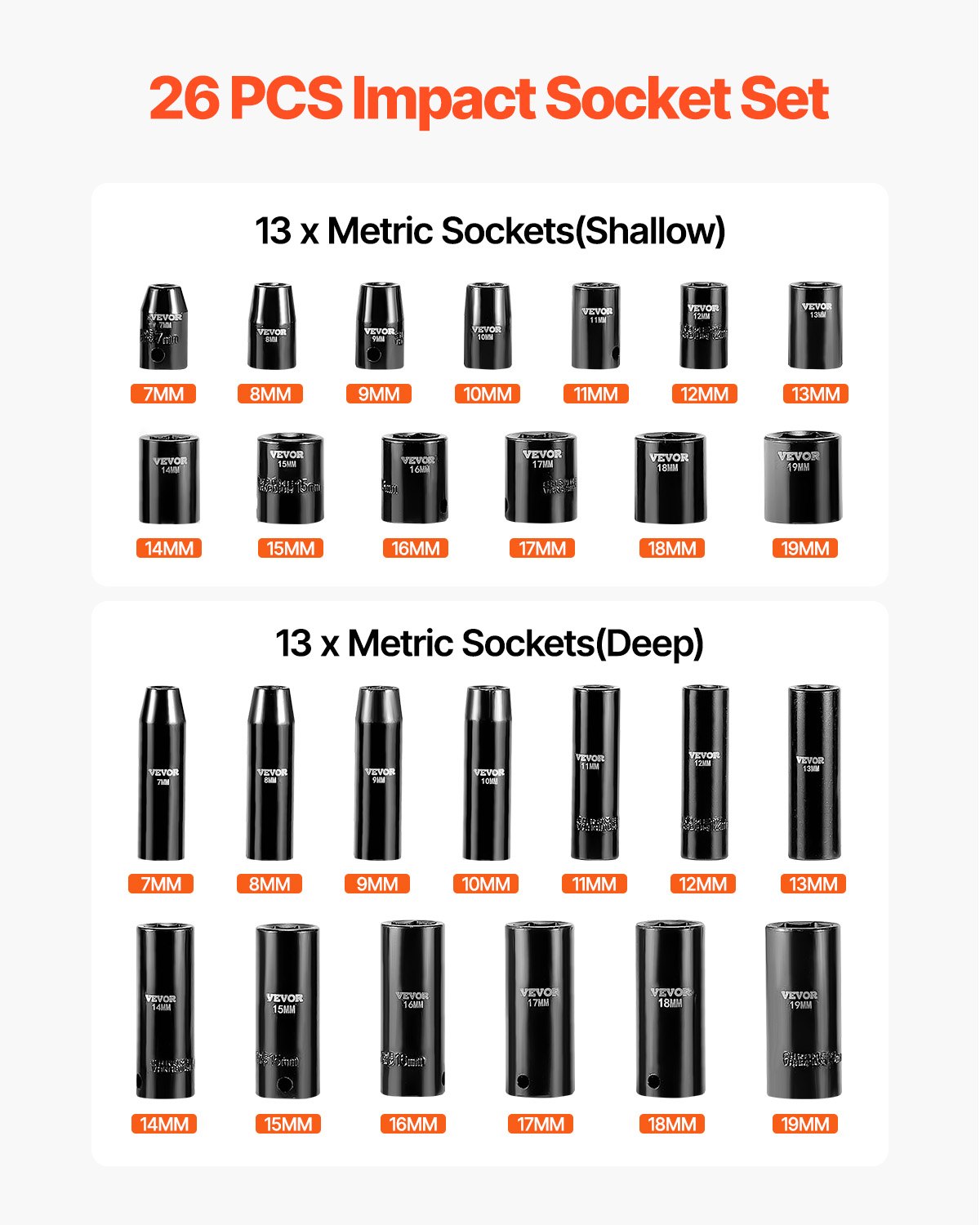 VEVOR Juego de dados de impacto de 3/8 pulgadas, 26 piezas de dados de impacto, dado profundo/estándar, dados de 6 puntos, construcción resistente, juego de dados Cr-V de impacto métrico de 7 mm a 19 mm, con una jaula de almacenamiento