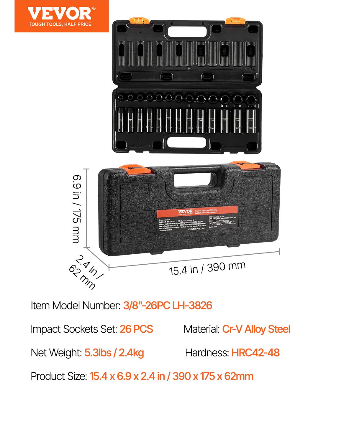 VEVOR Juego de dados de impacto de 3/8 pulgadas, 26 piezas de dados de impacto, dado profundo/estándar, dados de 6 puntos, construcción resistente, juego de dados Cr-V de impacto métrico de 7 mm a 19 mm, con una jaula de almacenamiento